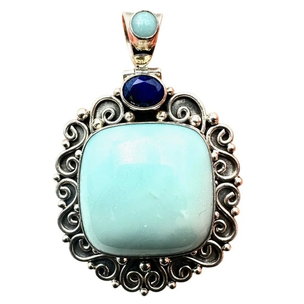 Suarti BA Chalcedony & Lapis Lazuli Sterling Silver Large Pendant for Necklace